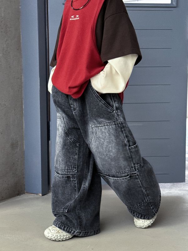 超帥！刷白特色口袋挺版牛仔長褲 