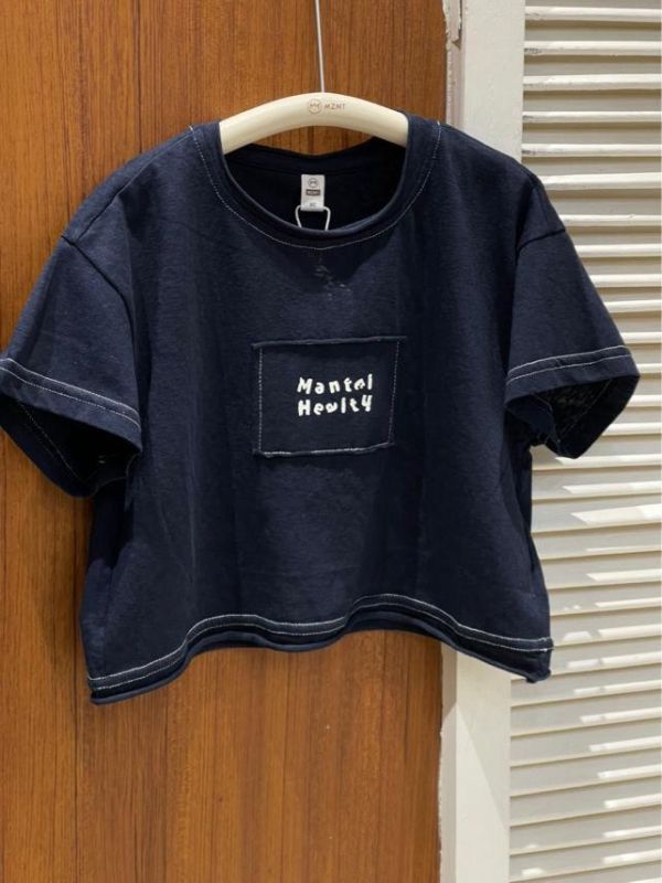 藏青色外縫線短T 