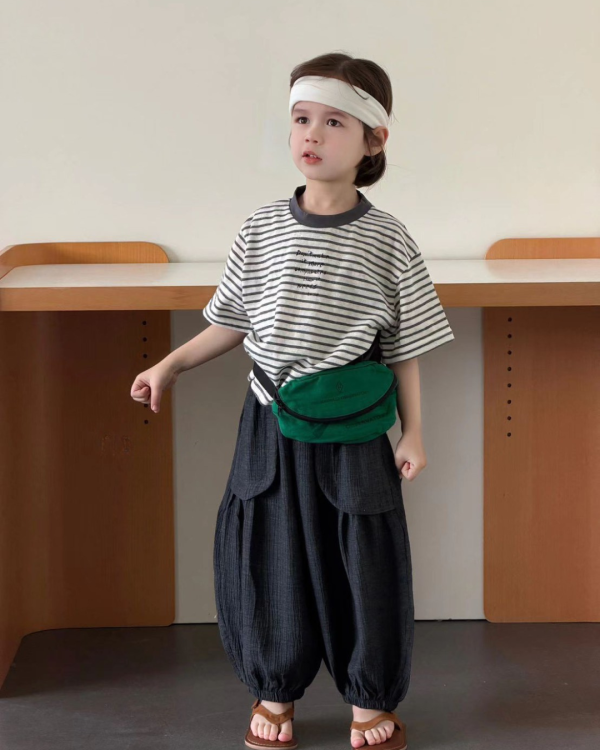 異材質拼接設計日系條紋短T 