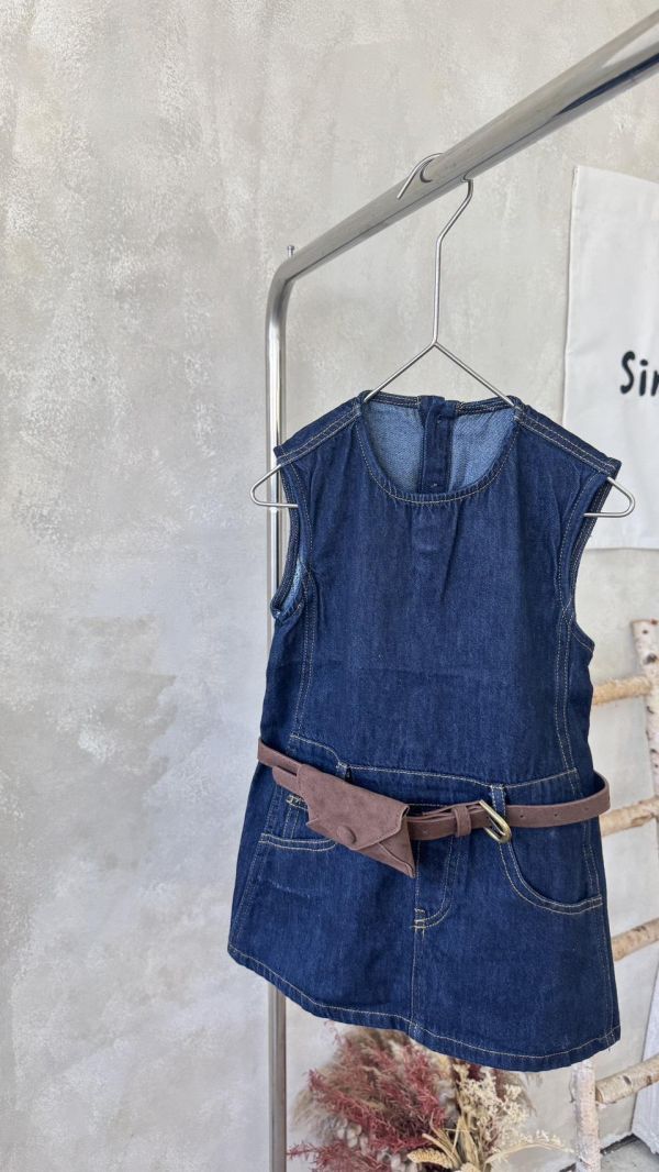 個性牛仔外縫線腰包背心連身裙 