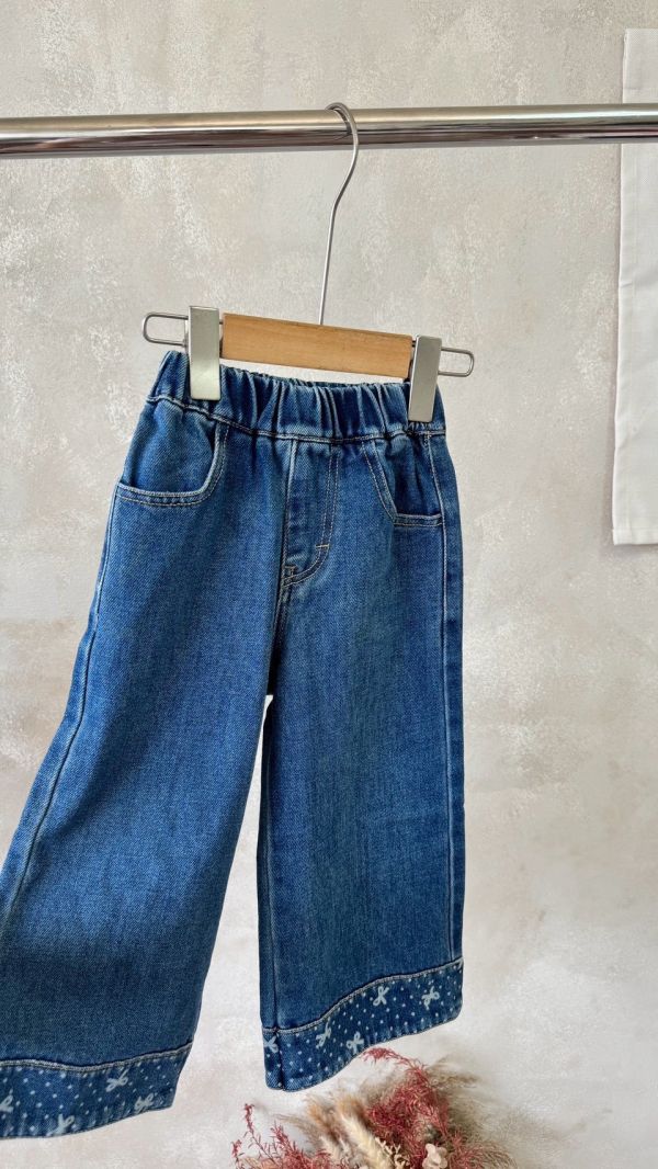 蝴蝶結波點印花寬牛仔長褲 