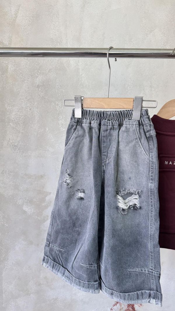 個性刷破薄款反摺牛仔長褲 