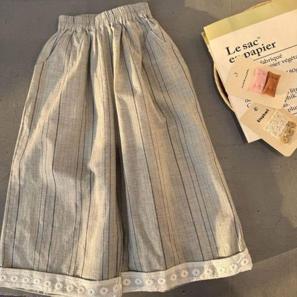 氣質立體花布包邊條紋棉麻褲 