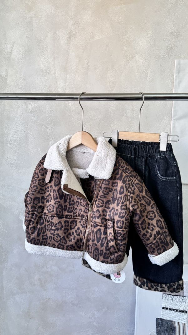 時髦豹紋斜拉鍊毛毛口袋外套 