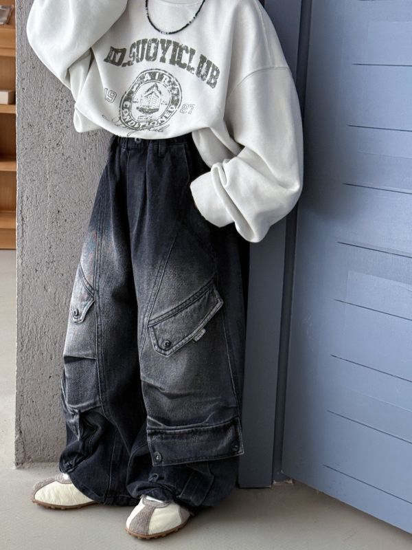 重工設計！潮酷刷白工裝薄款牛仔長褲 