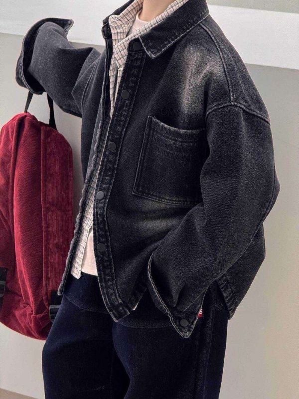 字母刺繡個性刷白加絨牛仔襯衫/外套 