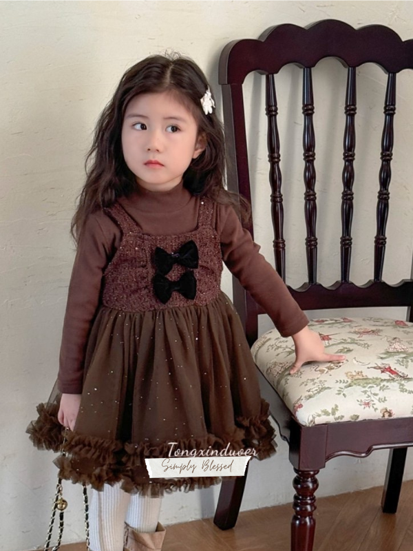 真兩件亮片蝴蝶結拼紗兩連身裙打底咖色上衣套裝 