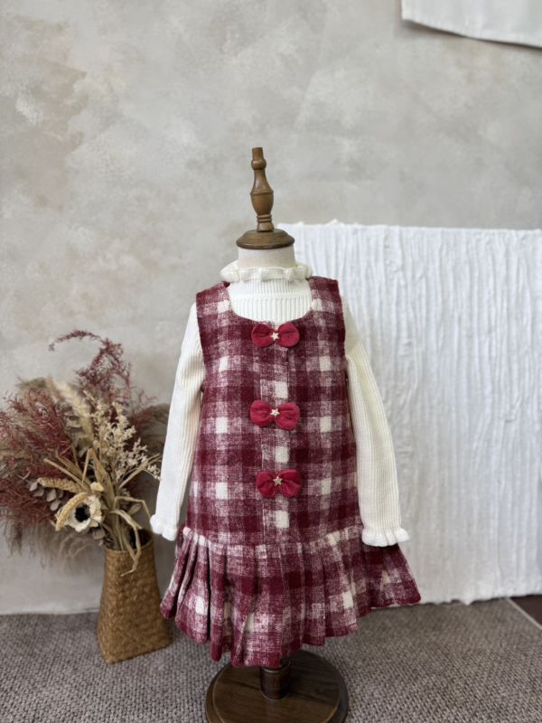 兩件套！毛呢格紋百摺連身裙坑條上衣套裝 