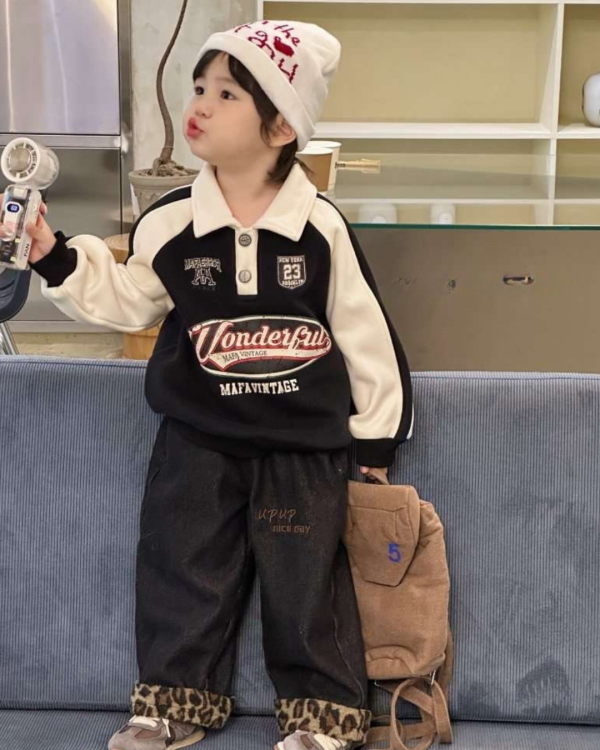 豹紋拼接加絨牛仔長褲 