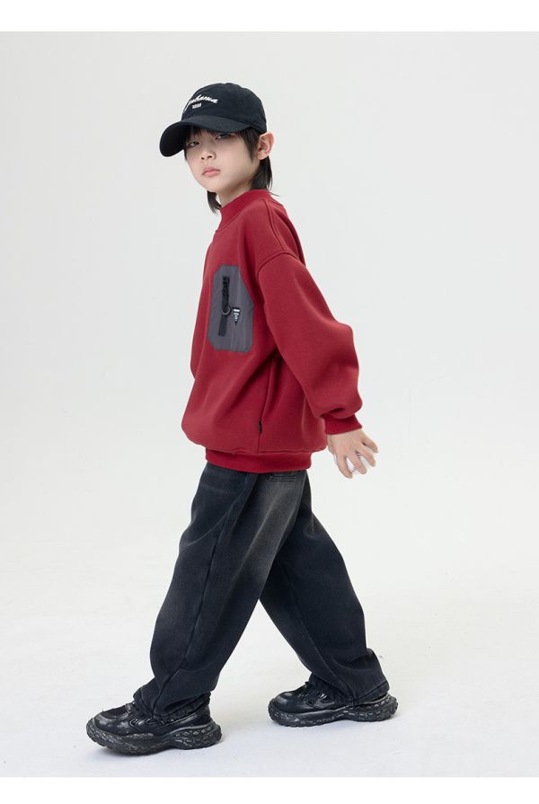 酷帥撞色拉鍊口袋薄絨大學Ｔ 