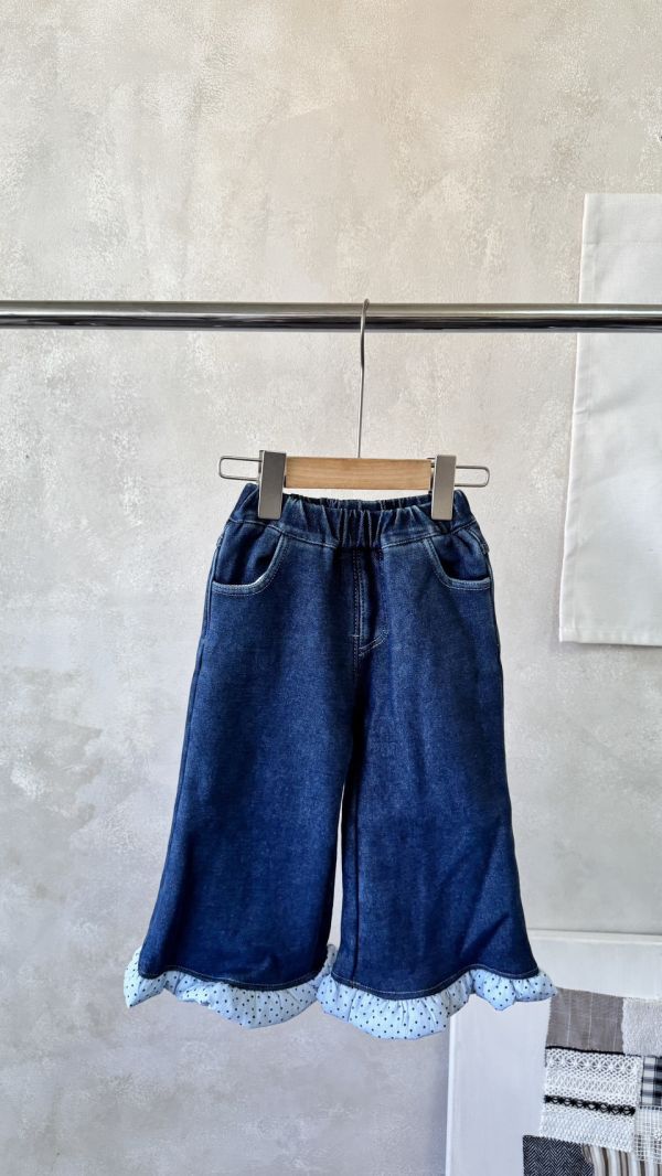 超Q！點點荷葉邊加絨牛仔長褲 