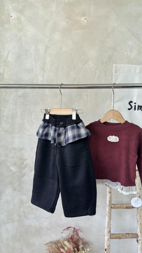 格紋荷葉邊加絨休閒棉褲(抽繩縮口） 