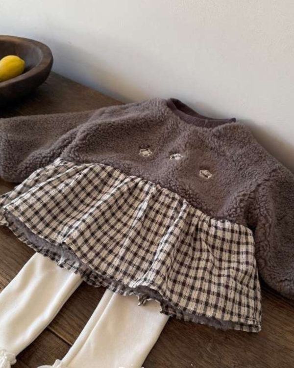 三朵花日系格紋拼接加厚保暖上衣 