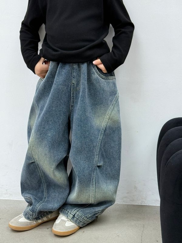 特殊刷色顛倒褲頭加絨牛仔長褲(版型偏大) 