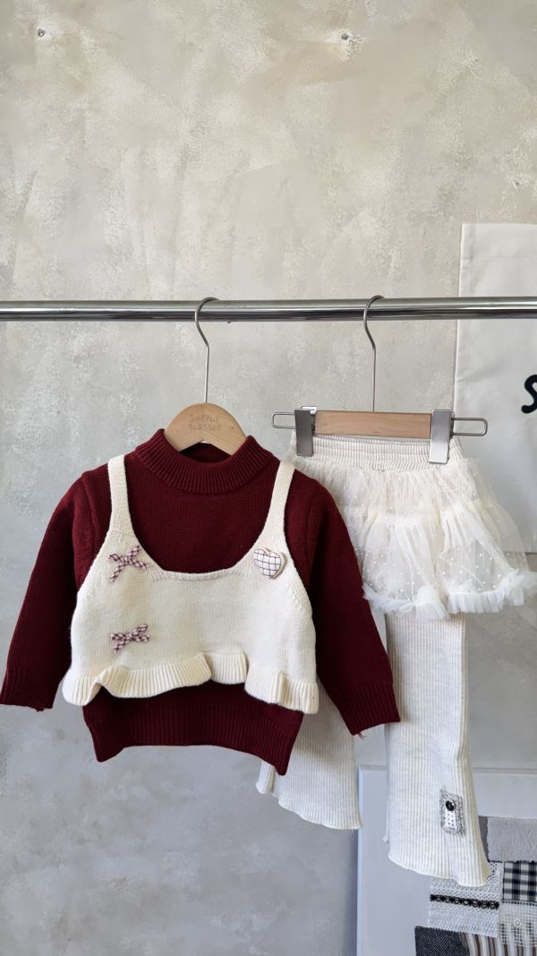 紅紅假兩件愛心蝴蝶結針織上衣 