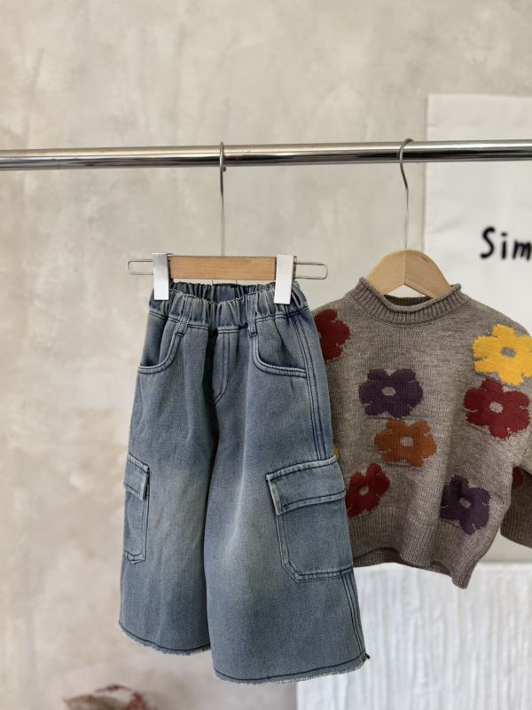 抽鬚工裝加絨牛仔長褲 