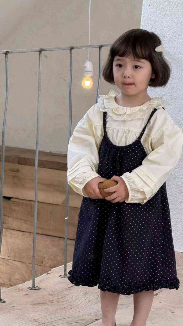 兩件套！蕾絲花邊翻領泡泡袖上衣日系波點連身裙套裝 