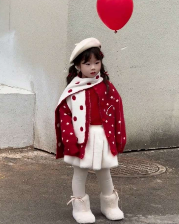 紅白點點針織上衣/外套(含同款圍巾) 