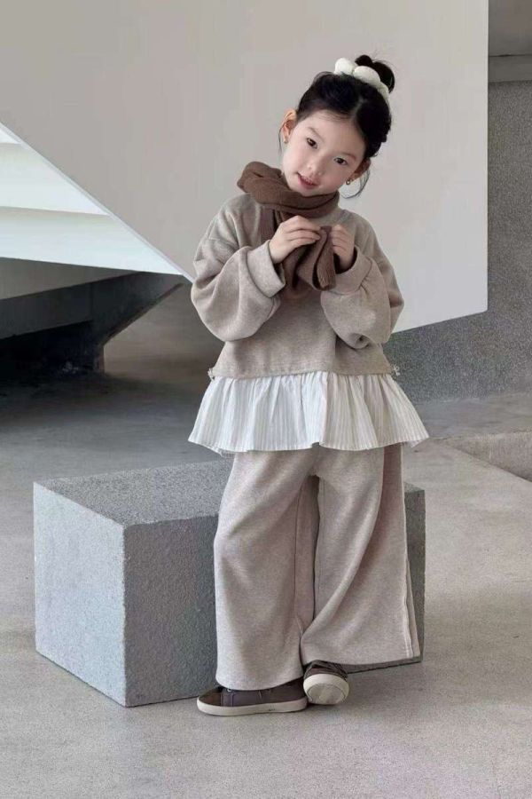 磨毛拼接條紋荷葉邊側面不收邊長褲舒適套裝(版型偏大) 