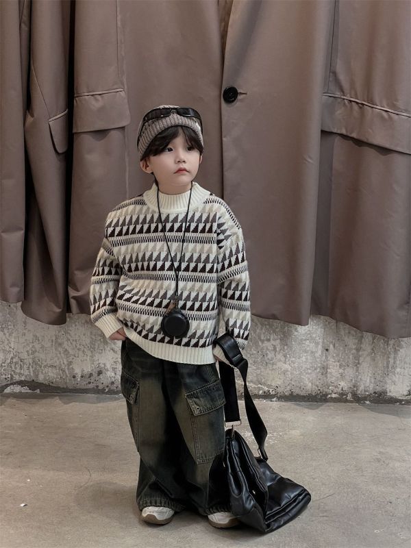 絕不撞衫日系半高領復古圖騰加厚針織上衣 