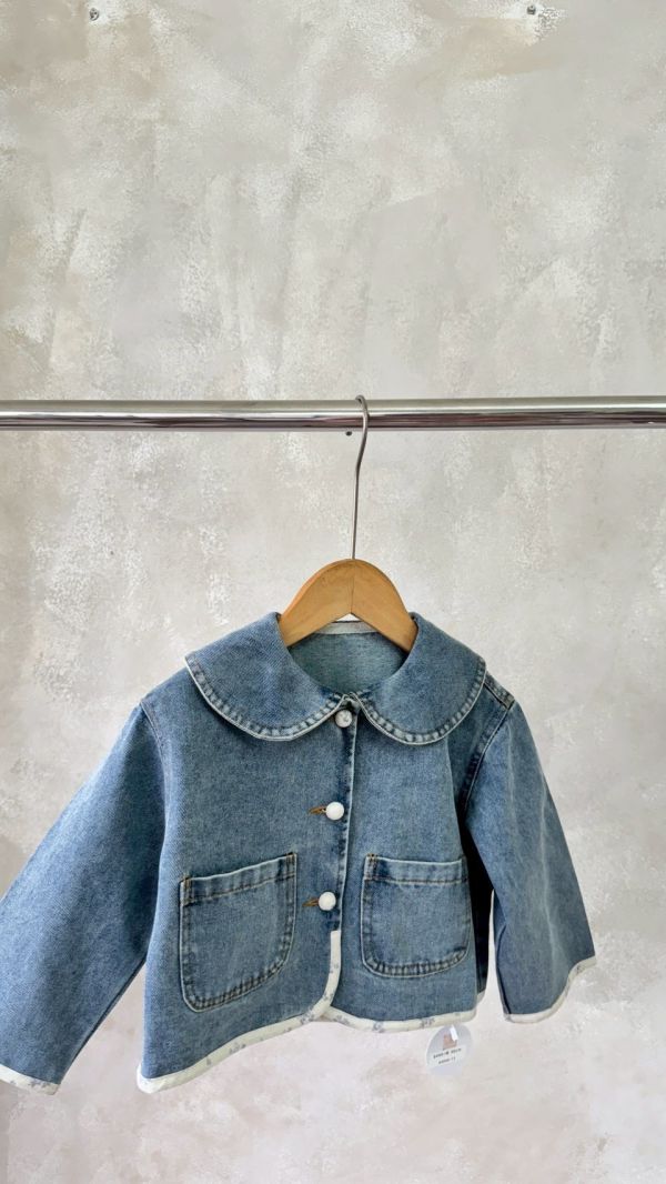 翻領碎花布滾邊牛仔外套 