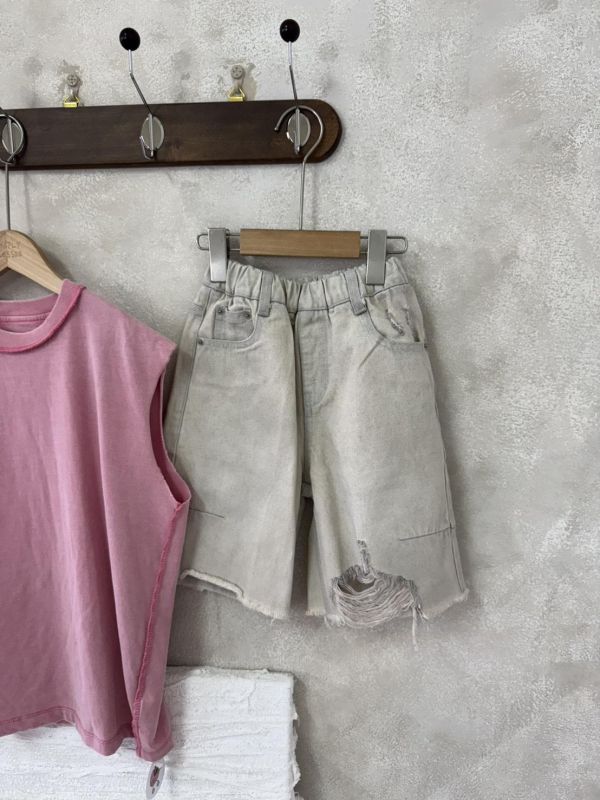 無性別個性刷破杏灰牛仔中褲 