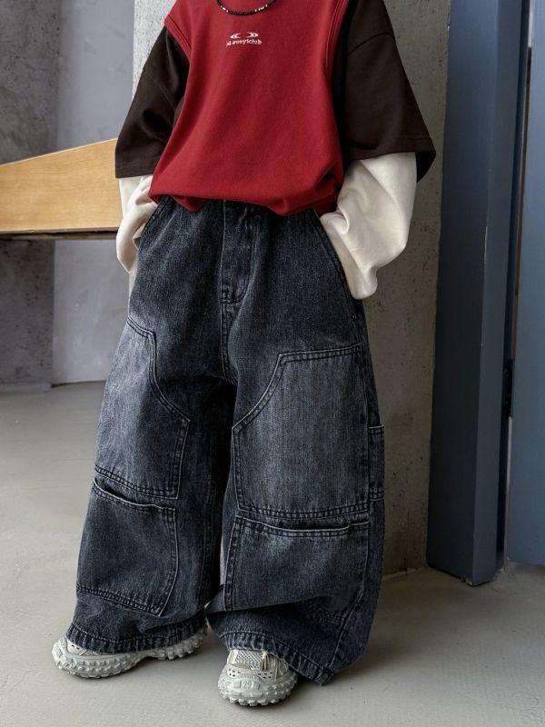 超帥！刷白特色口袋挺版牛仔長褲 