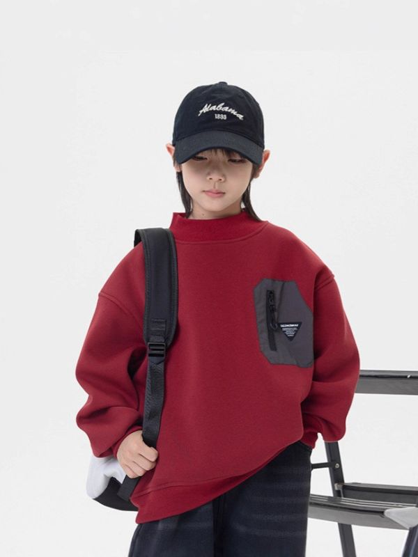 酷帥撞色拉鍊口袋薄絨大學Ｔ 