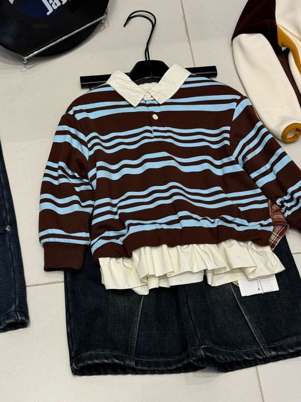 咖藍條紋荷葉邊立領加絨上衣 