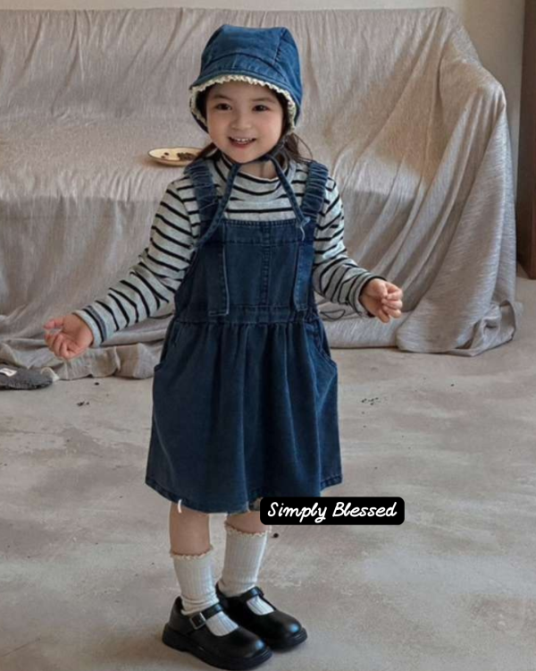 兩件套！日系牛仔吊帶連身裙條紋上衣套裝(版偏小可帶大) 