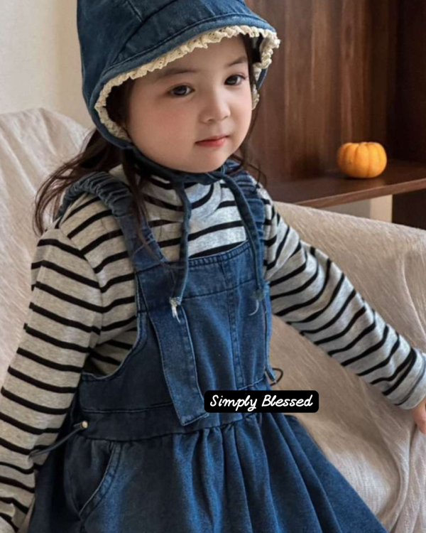 兩件套！日系牛仔吊帶連身裙條紋上衣套裝(版偏小可帶大) 