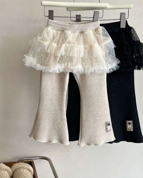 夢幻拼接紗襯裙貼腿刷毛加厚喇叭長褲 