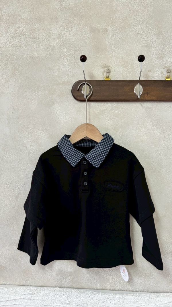 設計感！帥格紋拼接立領假兩件上衣 