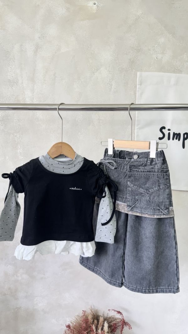 假兩件點點綁帶襯裙牛仔直筒加絨長褲 