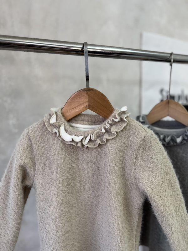 溫柔系～羽毛花邊薄加絨上衣(貼身版型可帶大) 