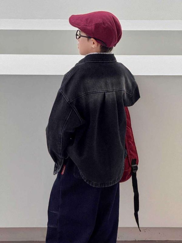 字母刺繡個性刷白加絨牛仔襯衫/外套 