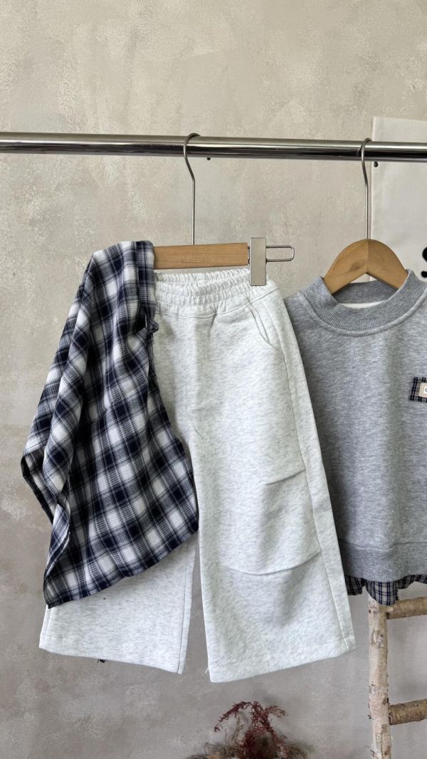 兩件套！格紋可拆屁簾花灰休閒薄款棉褲 