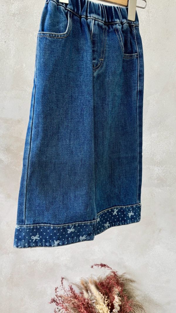 蝴蝶結波點印花寬牛仔長褲 