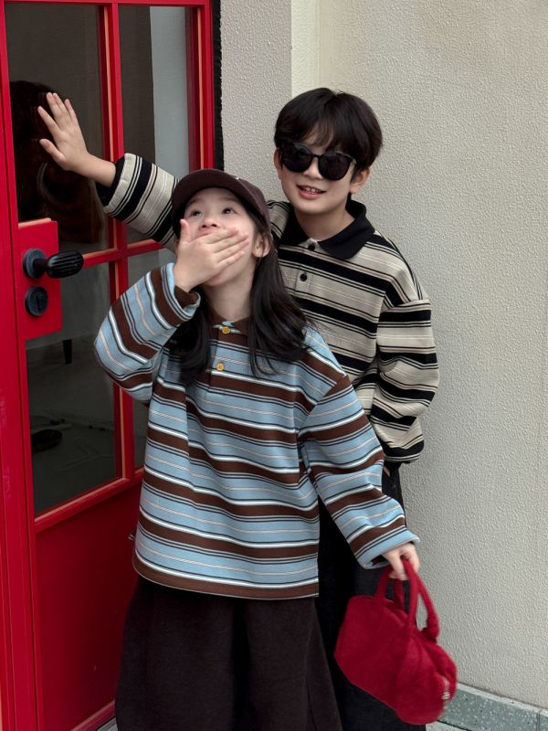 手足同款！撞色條紋POLO領加絨上衣 