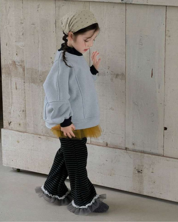 浪漫褲腳拼紗條紋毛呢長褲 