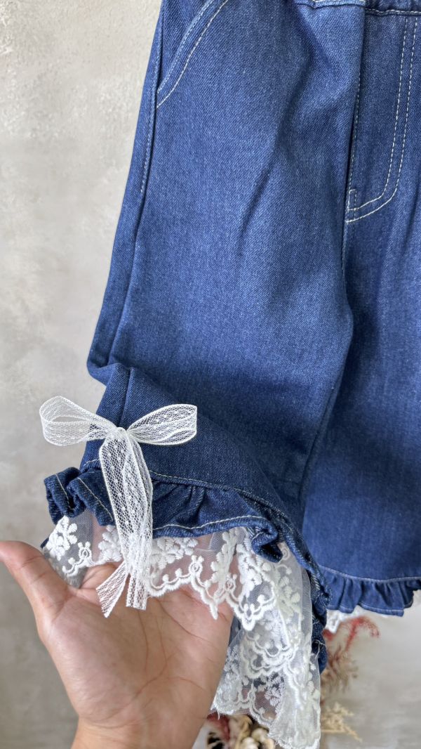 蕾絲下擺蝴蝶結加絨牛仔褲 