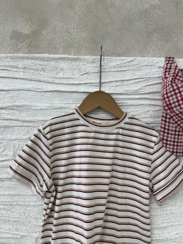 粉咖條紋百搭短T 
