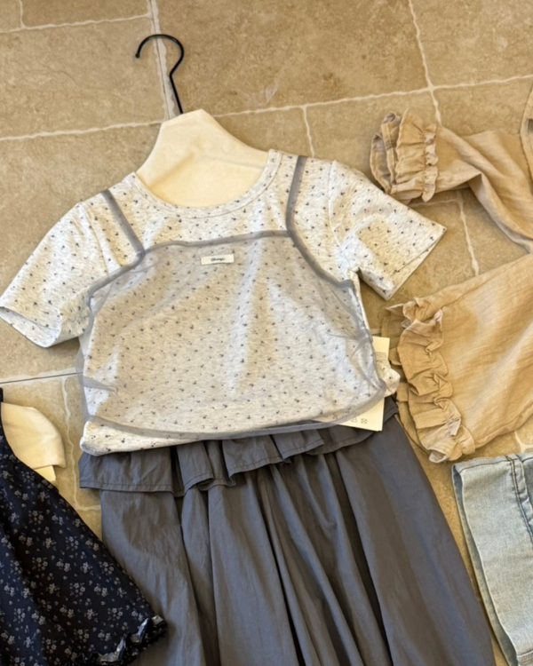 韓妞碎花紗紗背心假兩件上衣 