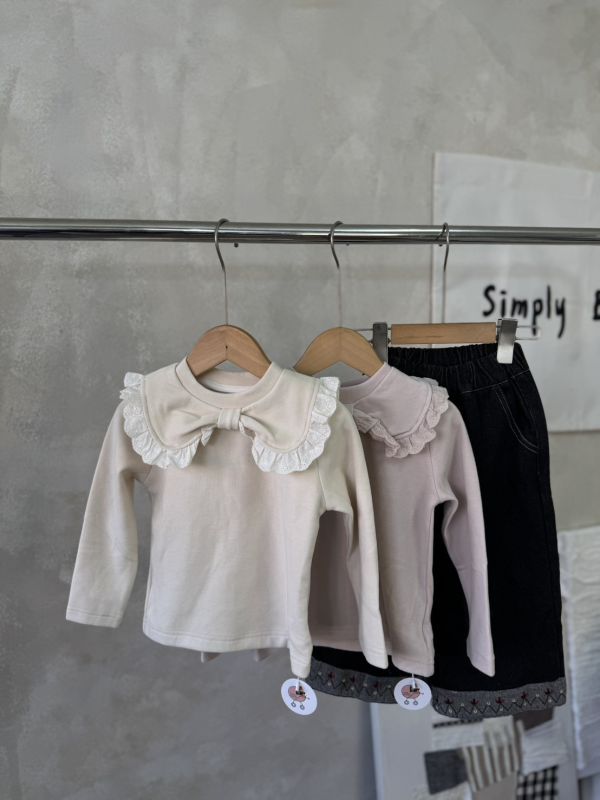 蝴蝶結花邊翻領磨毛上衣 