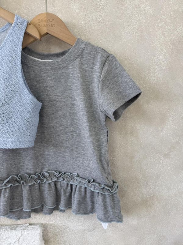 中大童-兩件套！荷葉邊短T網紗背心套裝 