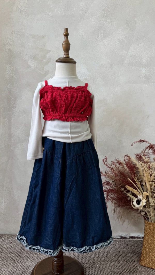 日系花邊原色牛仔長褲 