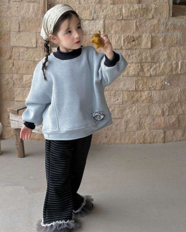 浪漫褲腳拼紗條紋毛呢長褲 