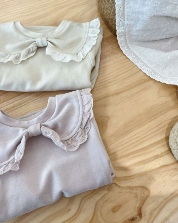 蝴蝶結花邊翻領磨毛上衣 