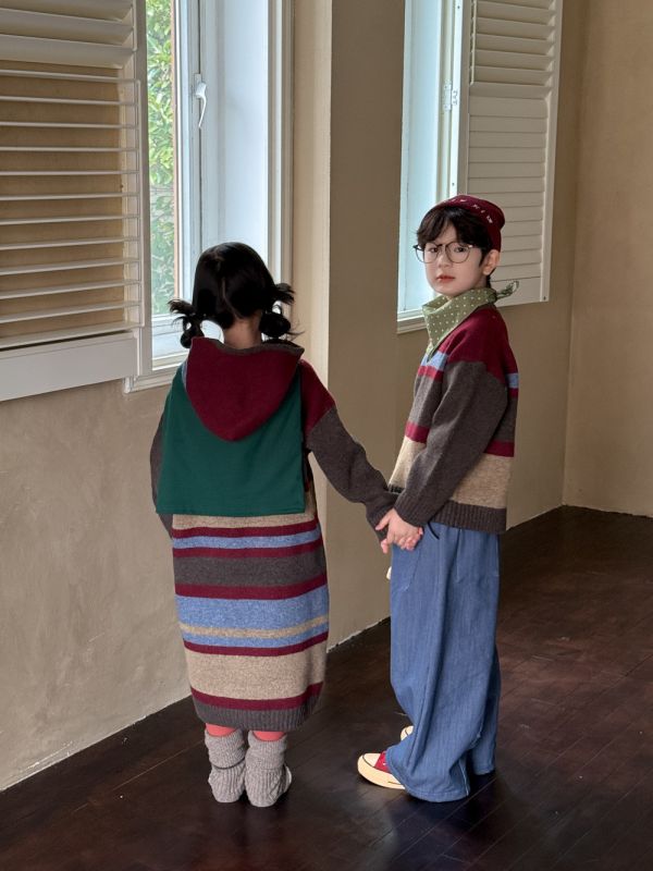 手足同款！條紋撞色針織上衣/連帽長裙(配色有夠好看) 