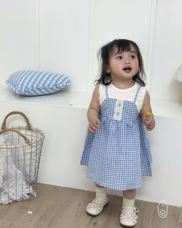 寶寶日系格子假兩件連身裙 
